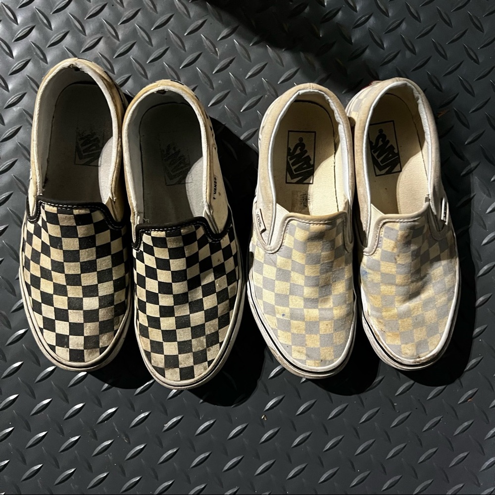 2 pairs of checkered slip on vans